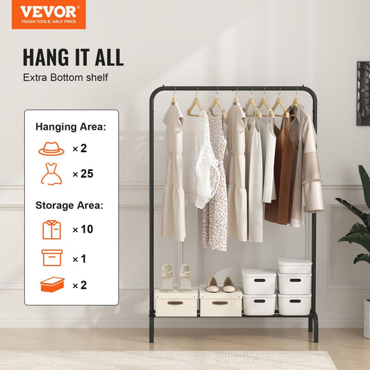 VEVOR Heavy Duty Clothes Rack with Bottom Shelf – Adjustable Steel Garment Organizer